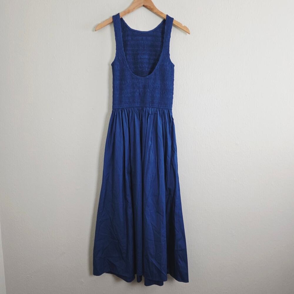 NWT Madewell Melody Smocked Midi Dress XS | Blue Moon Cotton Poplin Pockets - Picture 10 of 12